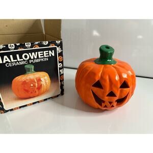 Vintage New Halloween Ceramic Pumpkin Jack O' Lantern smiley candle tealight